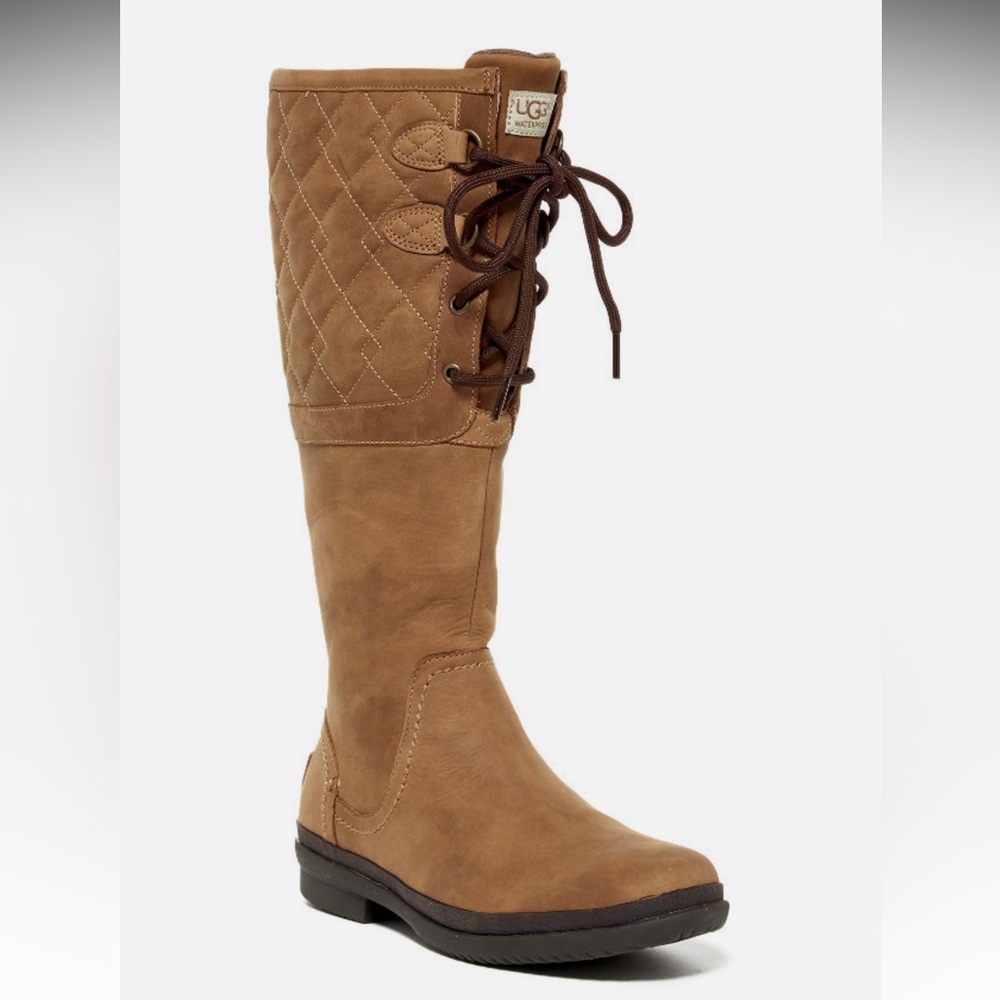 UGG Elsa Quilted Waterproof Chestnut Leather Shearling Lace-Up Boot US 8